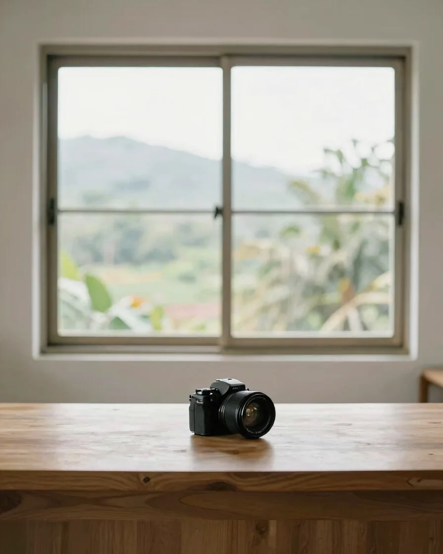 Fotografi jurnalistik editorial, ruang kerja redaksi sederhana dengan meja kayu, catatan liputan, dan cahaya jendela ala